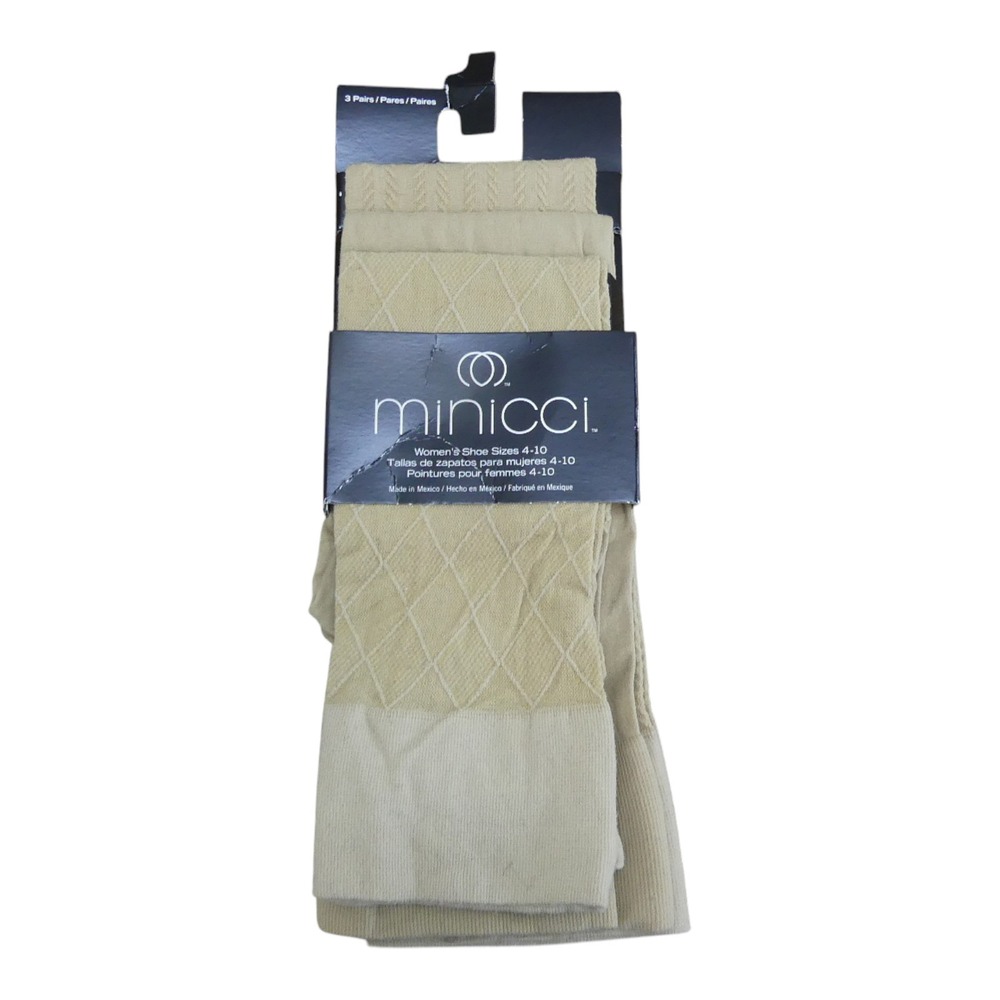 Minicci Trouser Socks Womens 4-10 Beige New 3 Pairs Diamond Textured Nylon Blend